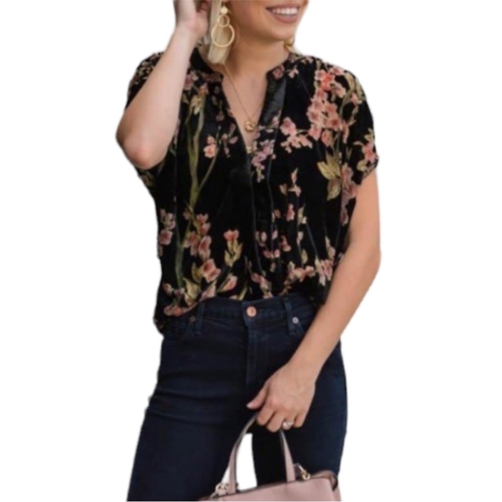 NWT Bishop + Young Black Floral Velvet Button Blouse